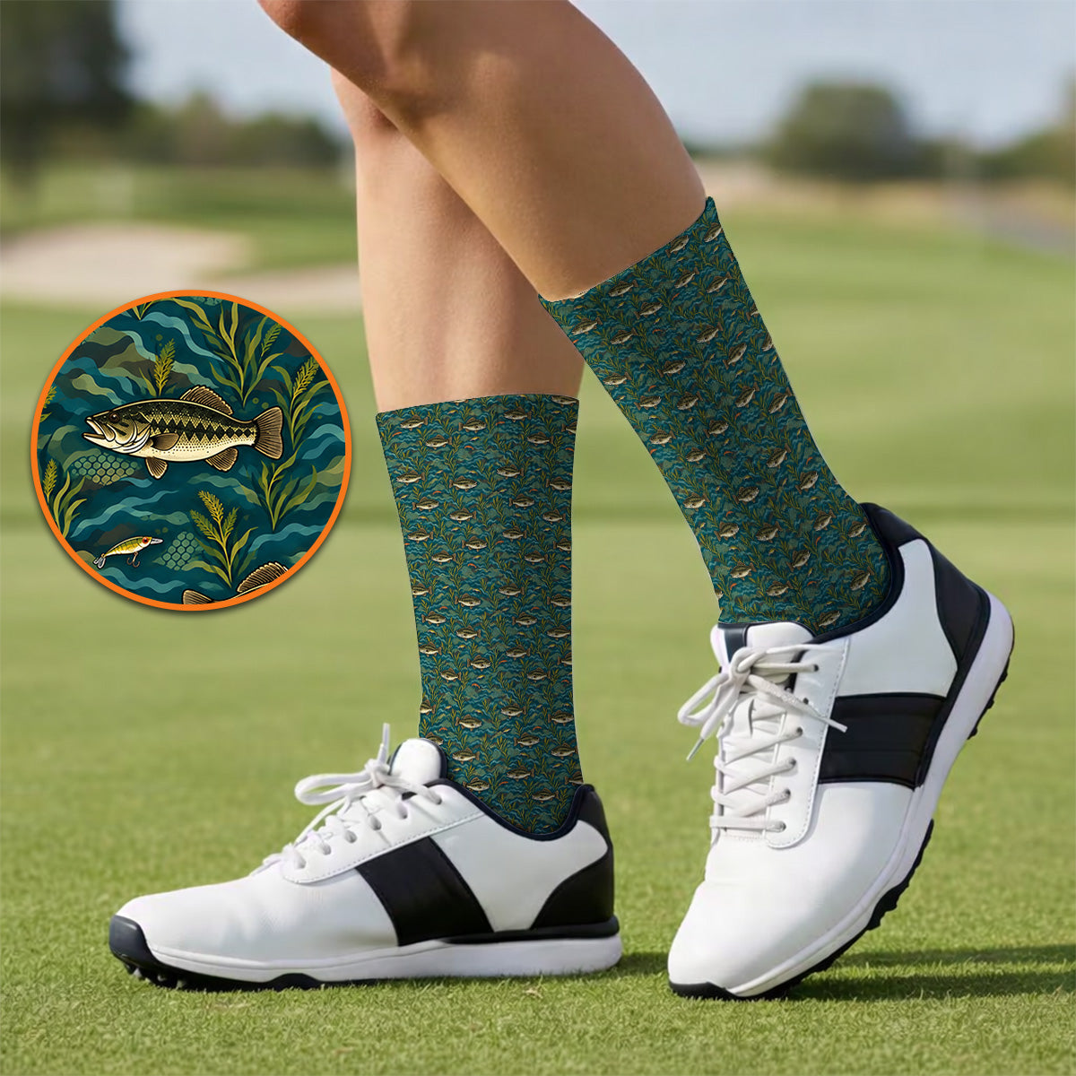 Crazy Bass Fishing Golf Socks, Fishing Bass & Rod Pattern Golf Sock, Golf Gift For Golfers