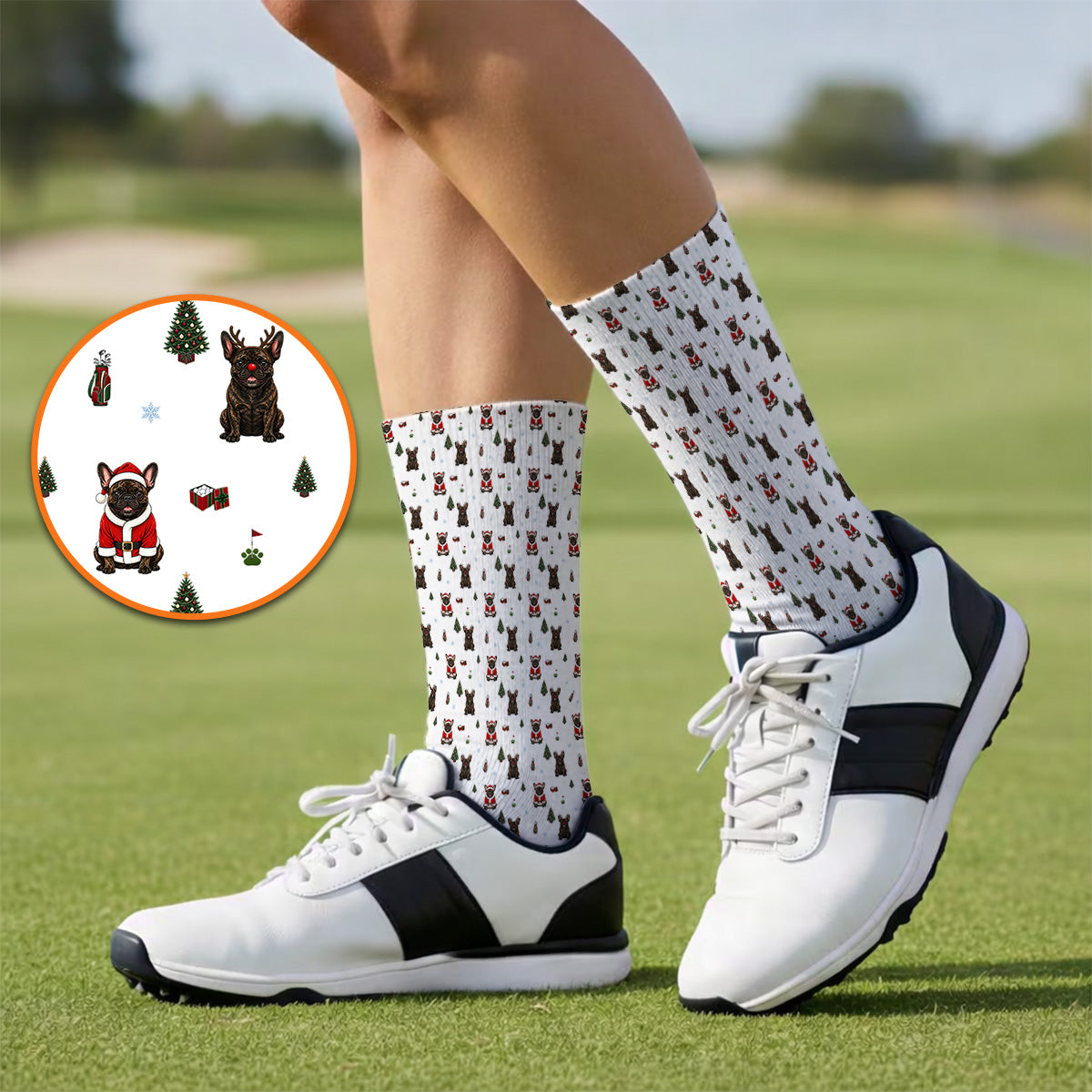 Reindeer French Bulldog Christmas Golf Socks, Festive Dog Holiday Pattern Golf Sock, Xmas Golf Gift for Golfers
