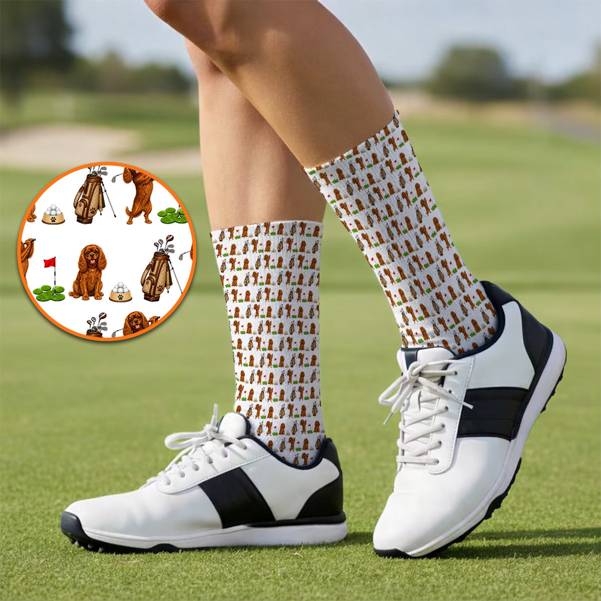 King Charles Cavalier Spaniel Golf Socks For Golfer, King Charles Cavalier Spaniel Pattern Golf Sock, Dog Lover Golf Gift