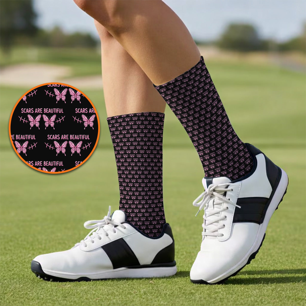 Scars Are Beautiful Breast Cancer Awareness Golf Socks, Pink Butterfly Survivor Pattern Sock, Inspirational Golf Gift for Golfer