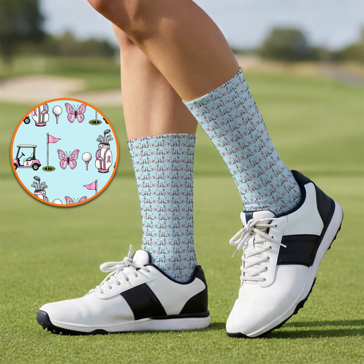 Pink Ribbon Fairway Golf Socks, Breast Cancer Support Golf Cart & Butterfly Pattern Sock, Awareness Gift for Golfers
