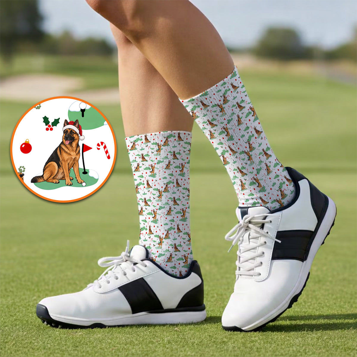 Funny German Shepherd Christmas Golf Socks, German Shepherd Pattern Golf Sock, Xmas Golf Gift for Golfers