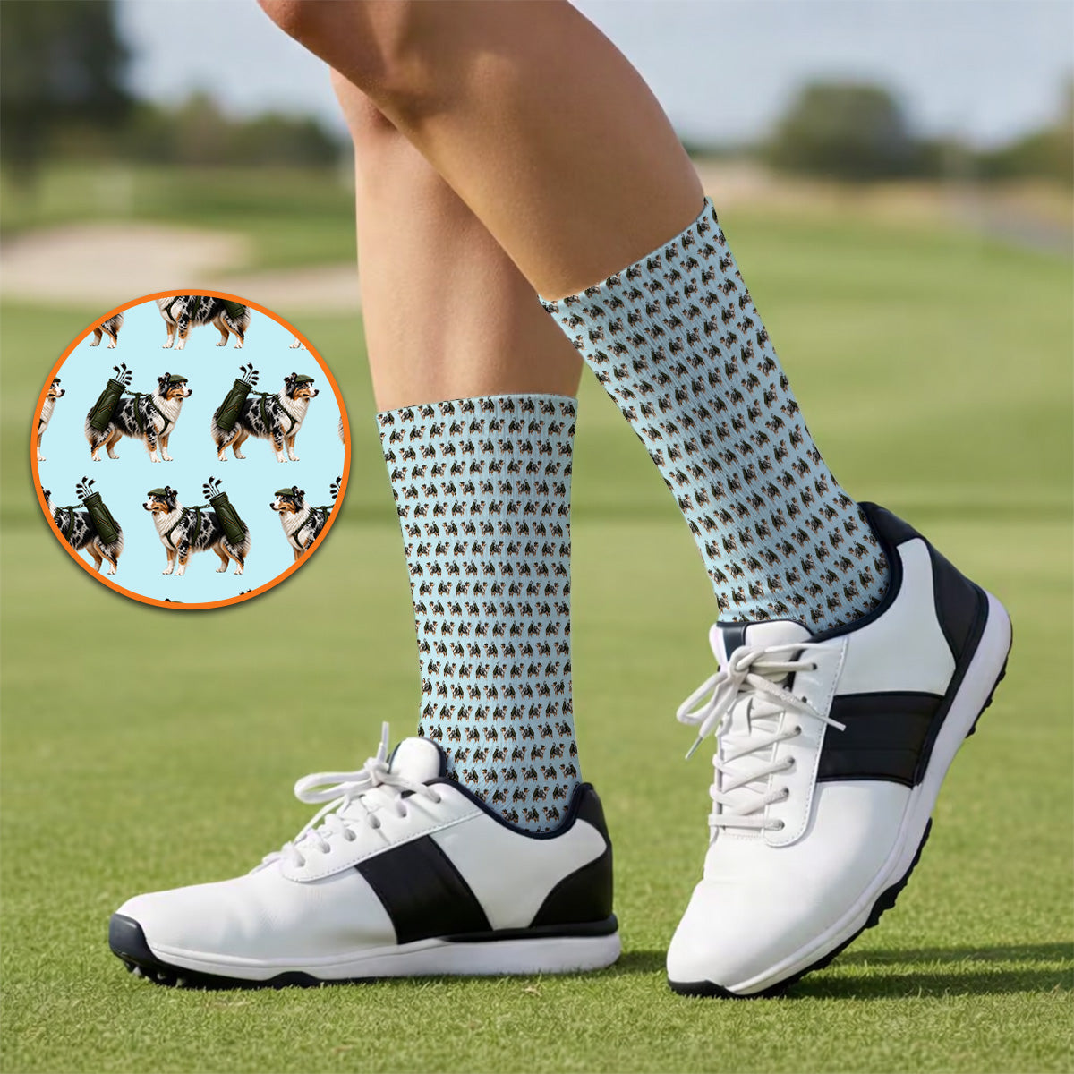 Funny Australian Shepherd Golf Socks, Blue Merle Aussie Pattern Golf Sock, Golf Gift For Golfer