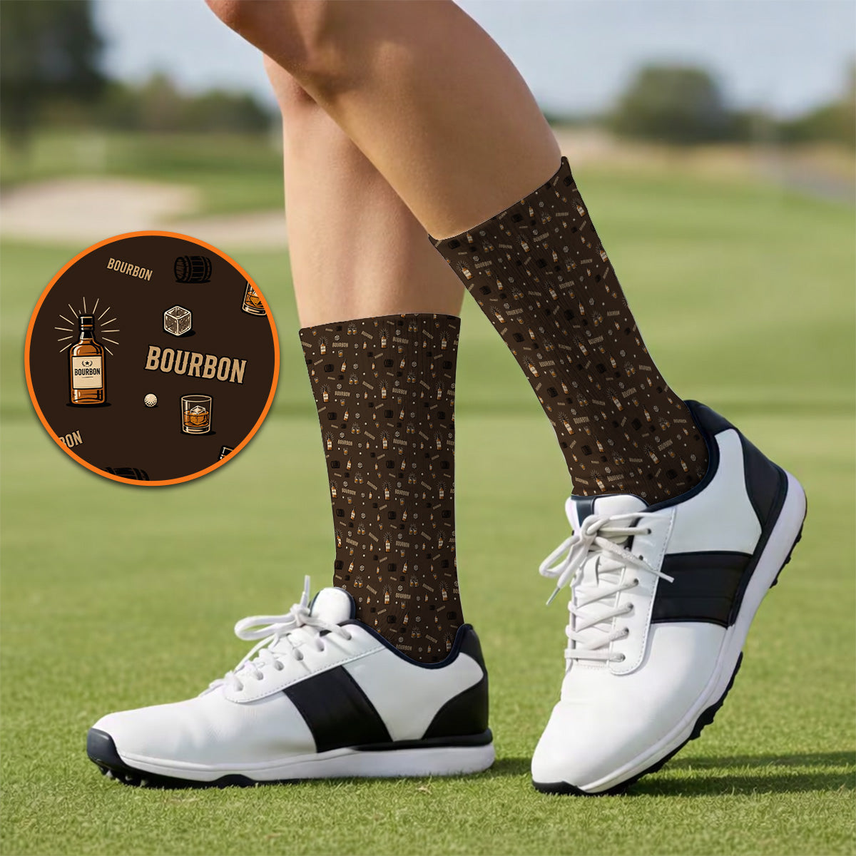 Bourbon Barrel Golf Socks, Whiskey Bottle & Rocks Pattern Sock, Vintage Drinking Golf Shirt for Golfer