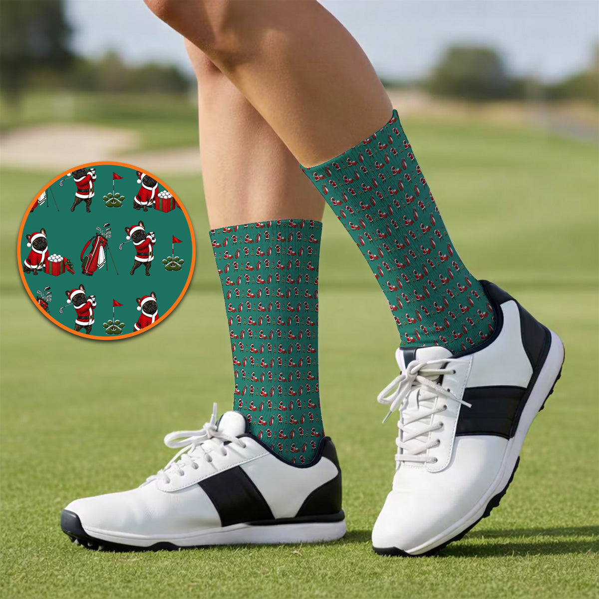 Christmas French BullDog Pattern Golf Socks, Funny Santa French BullDog Holiday Golf Sock, Xmas Golf Gift For Golfers