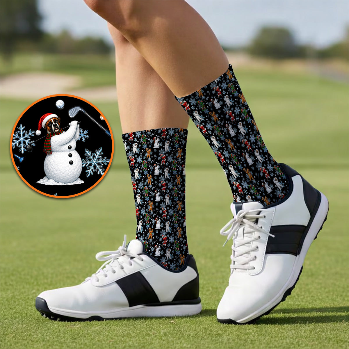 Boxer Christmas Pattern Golf Socks, Funny Holiday Boxer Golfer Sock, Christmas Golf Gift for Dog Lovers