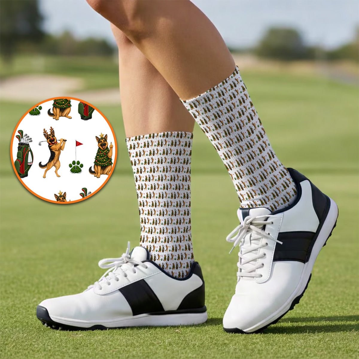 German Shepherd Christmas Golf Socks, German Shepherd Pattern Golf Sock, Xmas Golf Gift For Golfer