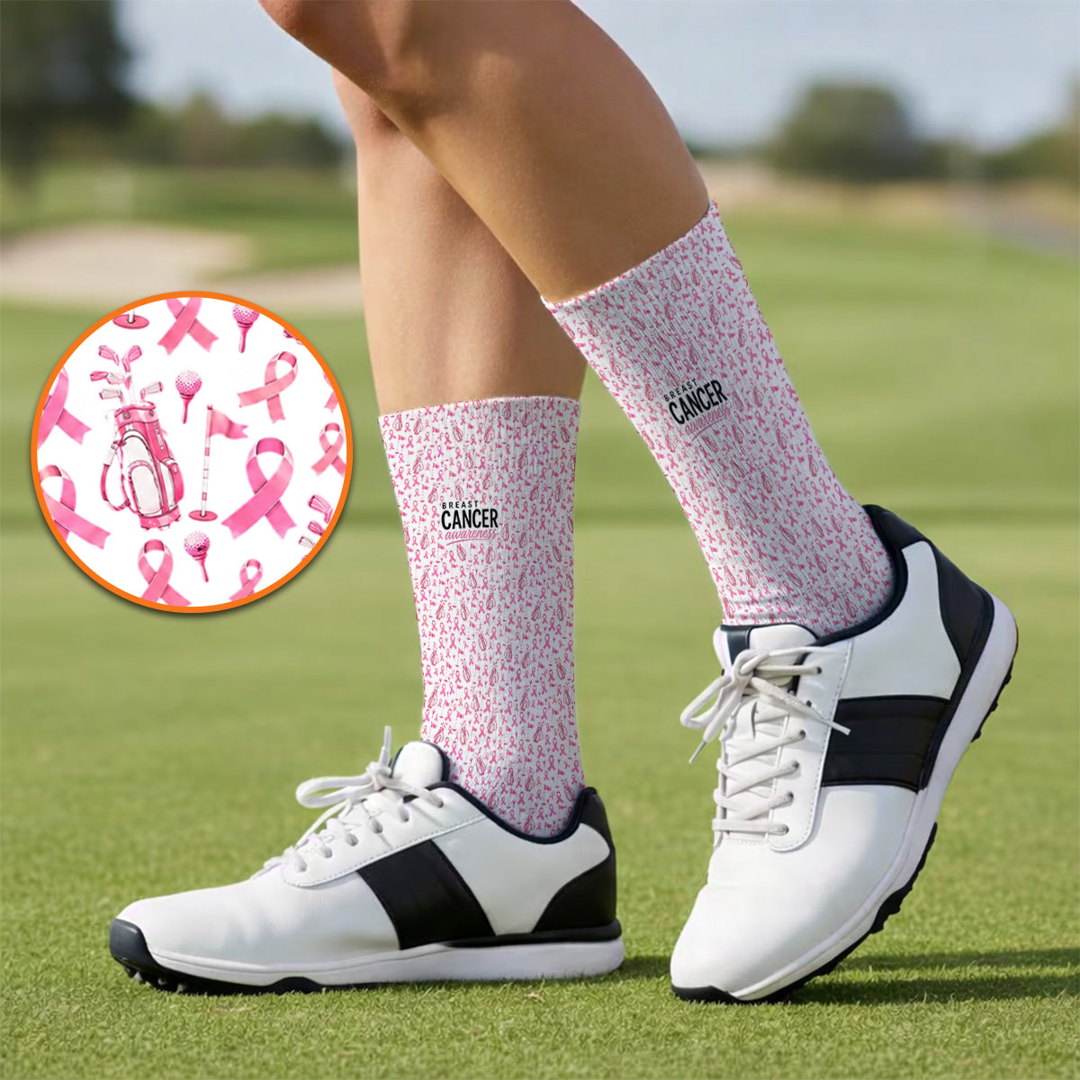 Breast Cancer Awareness Golf Socks, Pink Ribbon Golf Bag Pattern Sock, October Golf Gift for Golfer