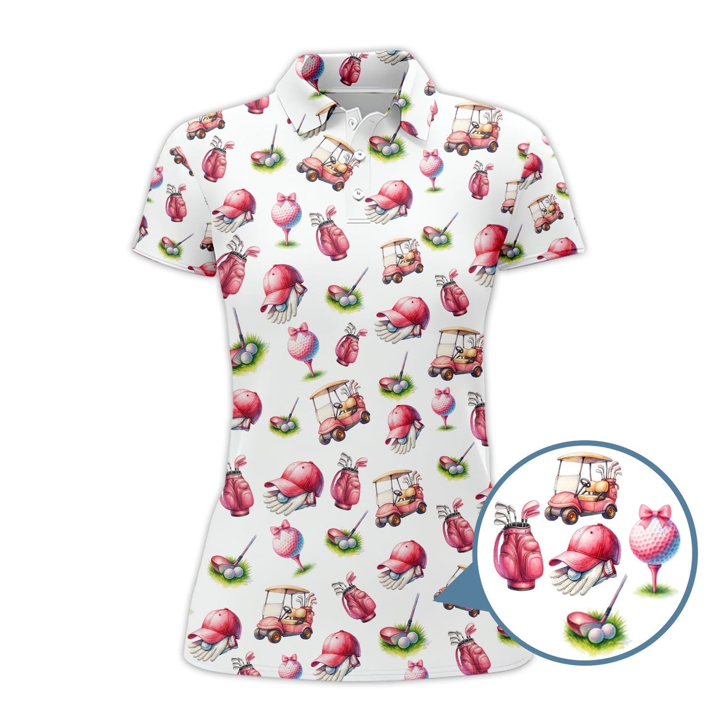 Pink Golf Pattern Polos, Women’s Golf Shirt, Golf Shirts For Ladies