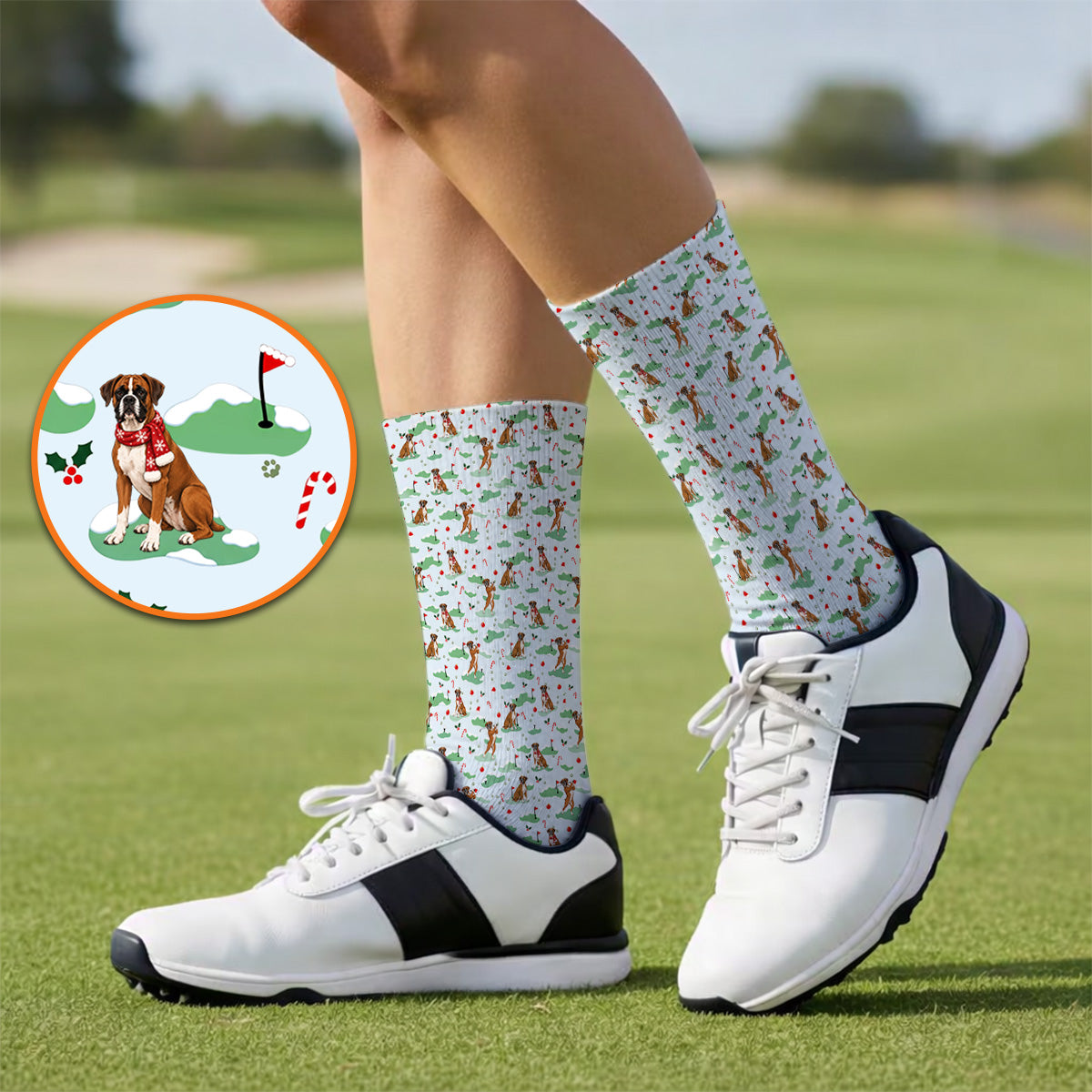 Funny Boxer Christmas Golf Socks, Xmas Boxer Dog Pattern Golf Sock, Golf Gift For Golfer
