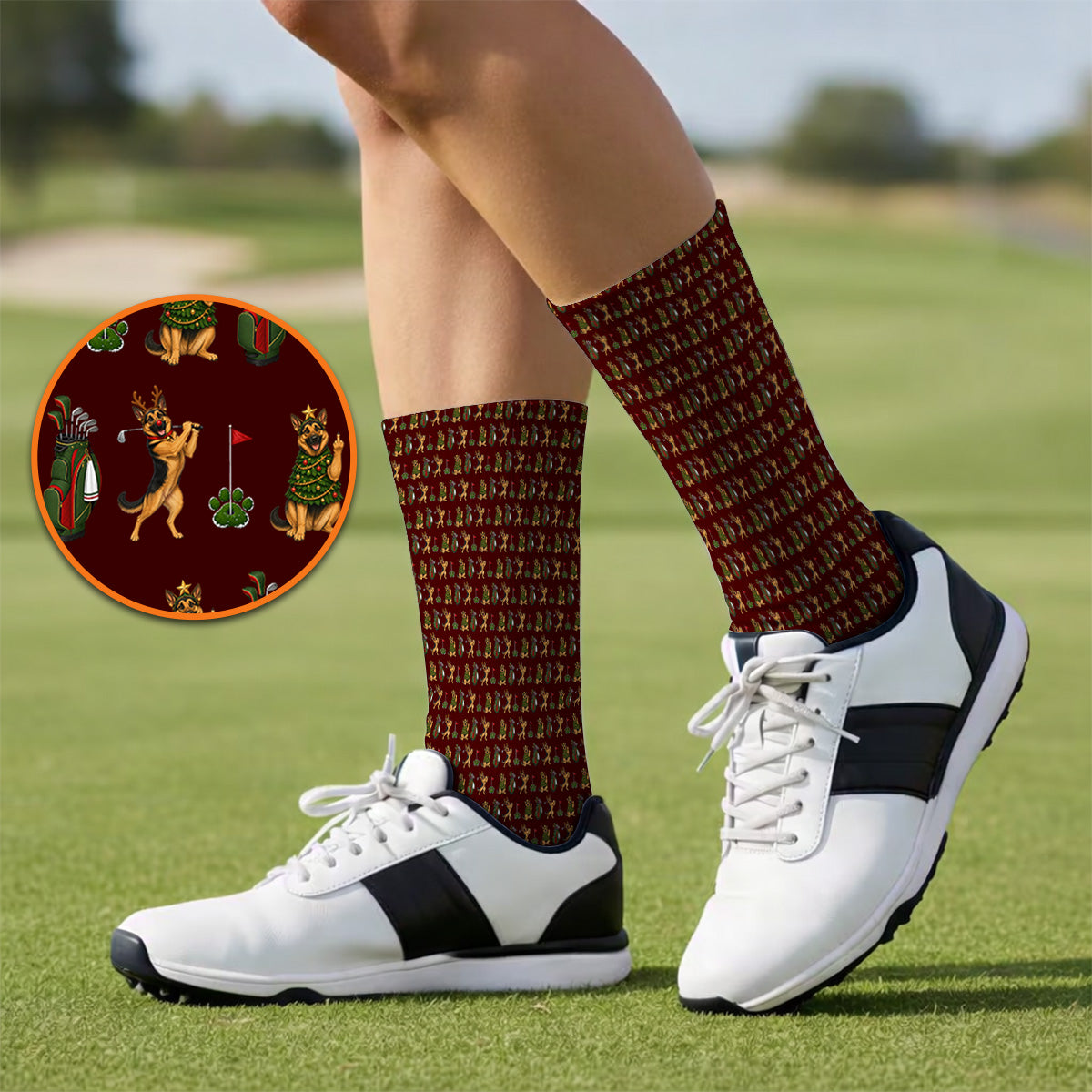 German Shepherd Christmas Golf Socks, German Shepherd Pattern Golf Sock, Xmas Golf Gift For Golfer