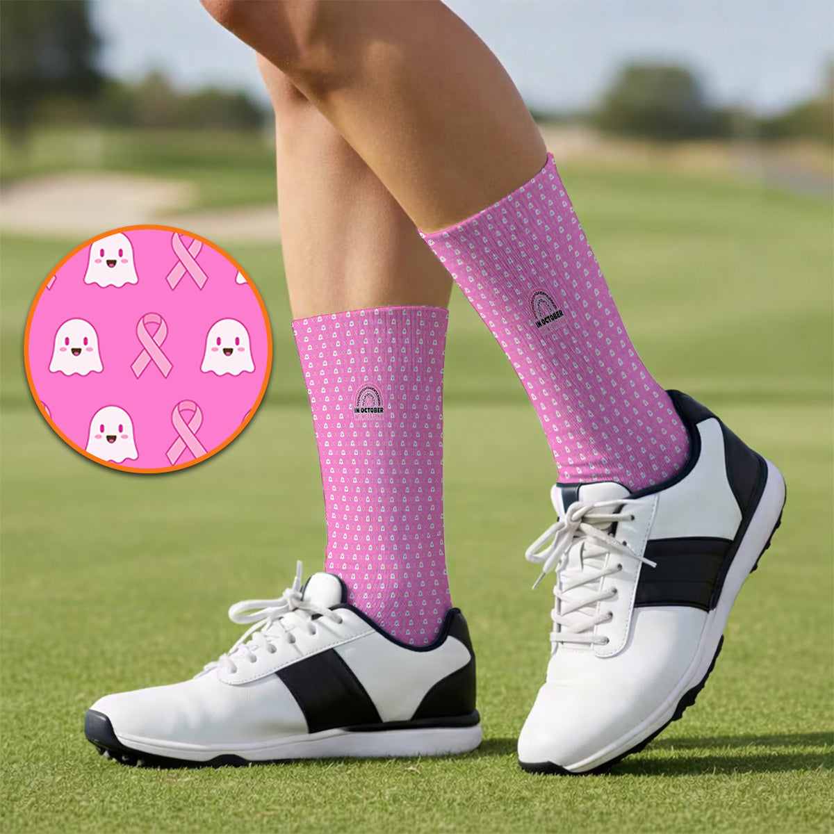 Breast Cancer Awareness Golf Socks, In October We Wear Pink Pattern Golf Sock, Pink Ribbon Golf Gift for Breast Cancer Support