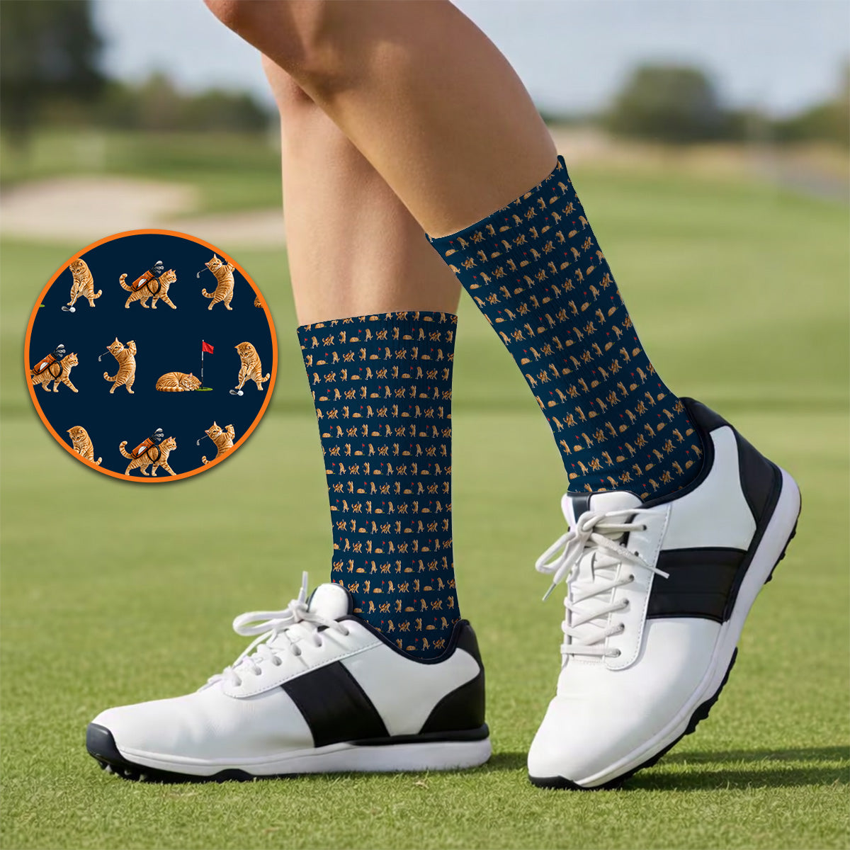 Orange Tabby Cat Golf Socks, Funny Ginger Cat Golf Pattern Sock, Unique Golf Gift For Cat Lovers