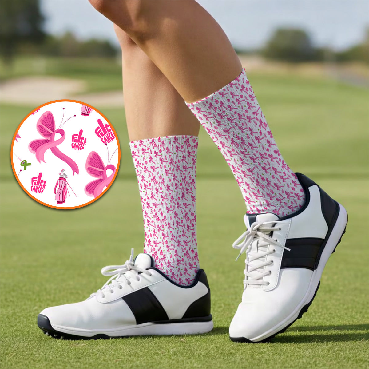 Fight With Every Swing Breast Cancer Awareness Golf Socks, Pink Ribbon & Golf Pattern Sock, Support Gift for Golfers