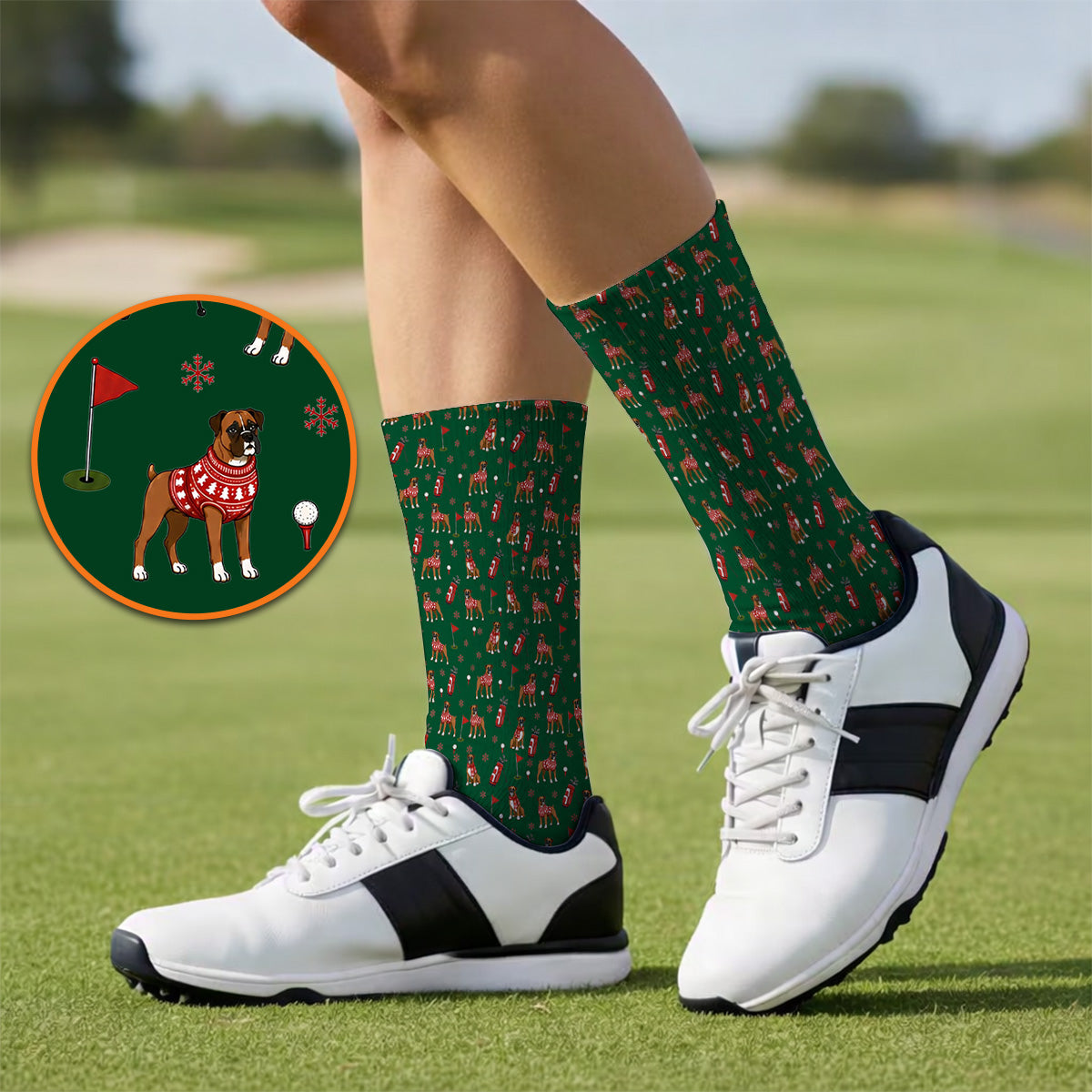 Boxer Christmas Golf Polos, Holiday Dog Pattern Golf Shirt, Festive Golf Gift for Golfers