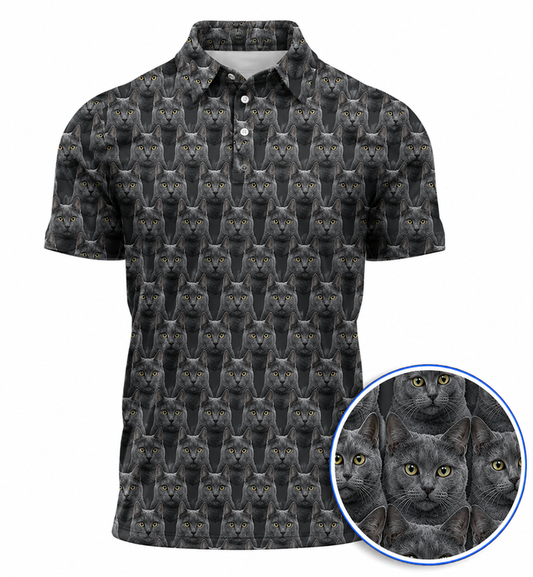 Russian Blue Cat Pattern Golf Polos, Funny Cat Lover Golf Shirt, Golf Gift For Golfer