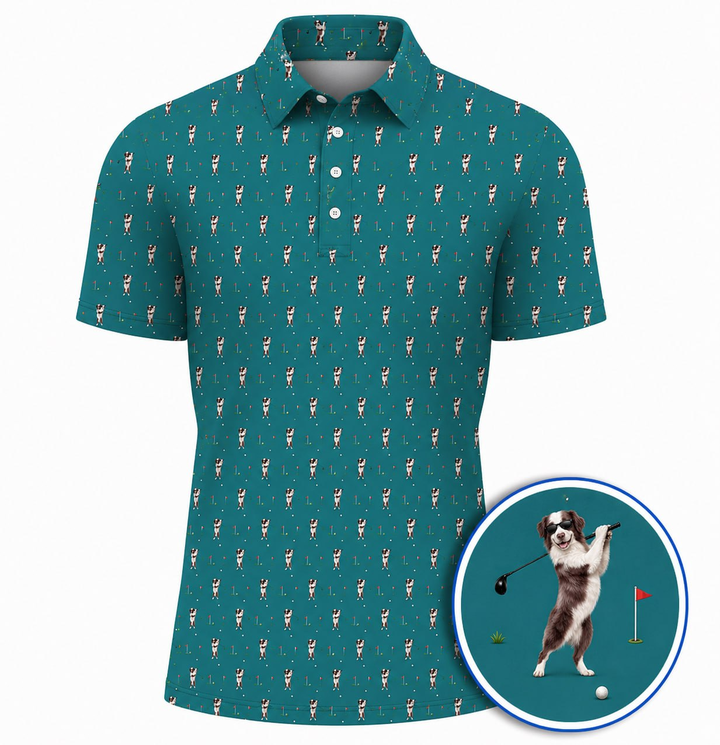 Funny Australian Shephard Golf Shirt, Australian Shephard Pattern Golf Polos, Golf Gift For Golfer