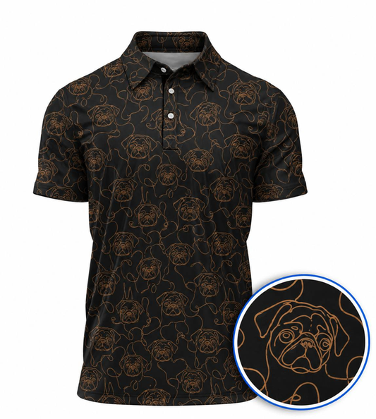 Pug Line Art Golf Polos, Minimalist Pug Pattern Golf Shirt, Dog Lover Golf Gift
