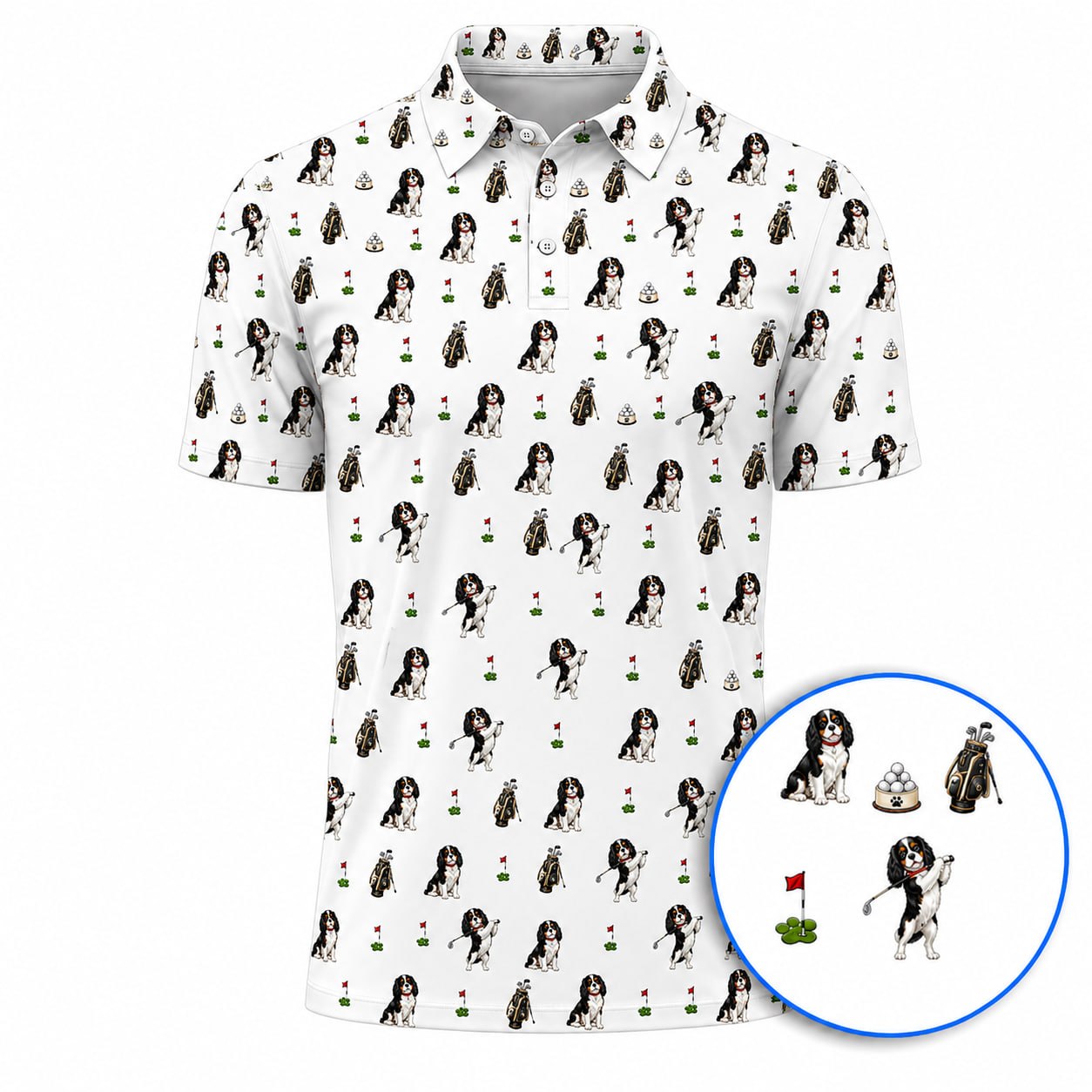 King Charles Cavalier Spaniel Golf Polos For Golfer, King Charles Cavalier Spaniel Pattern Golf Shirt, Dog Lover Golf Gift