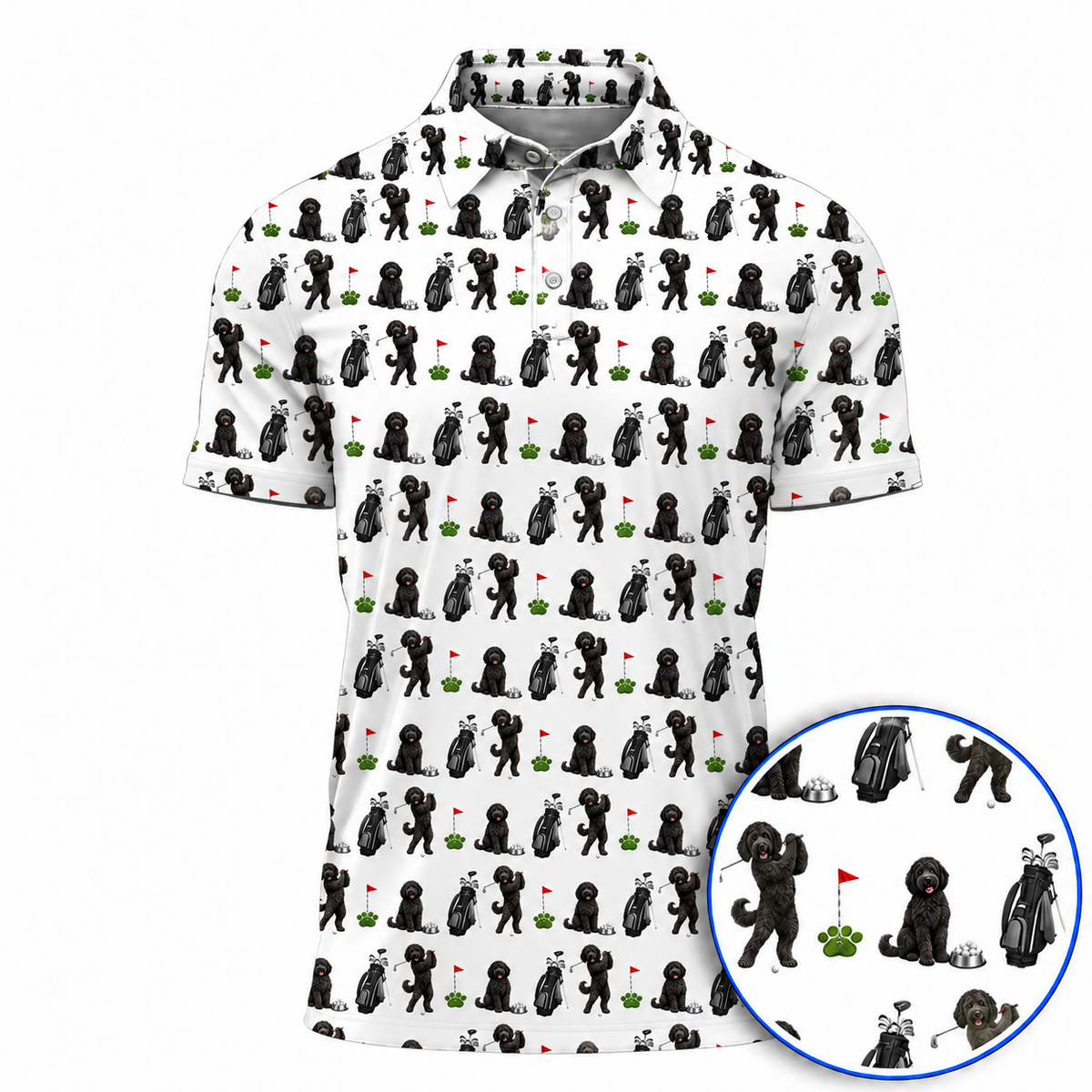 Black Doodle Golf Polos, Golden Doodle Pattern Golf Shirt, Crazy Golf Gift For Golfers