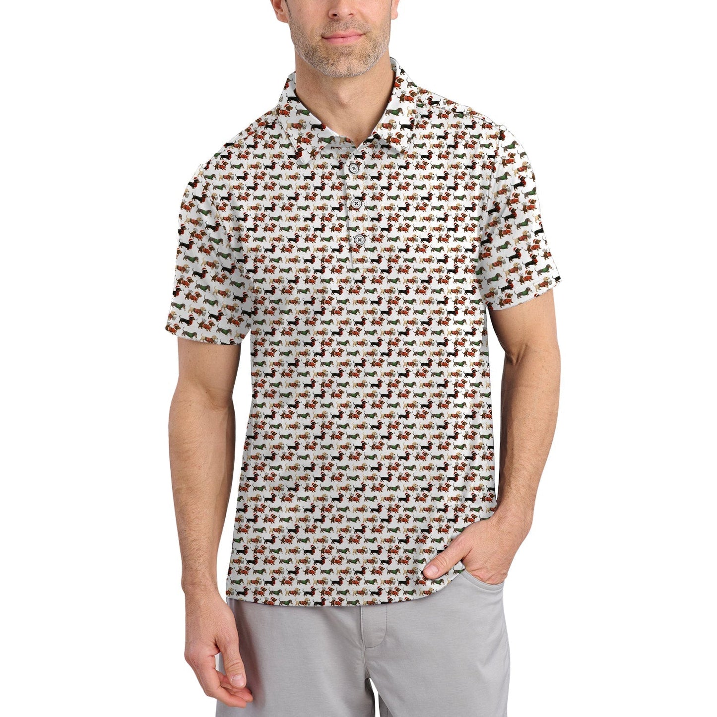 Dachshund Christmas Shirt For Golfer, Dog Pattern Golf Shirt, Funny Golf Shirt For Men