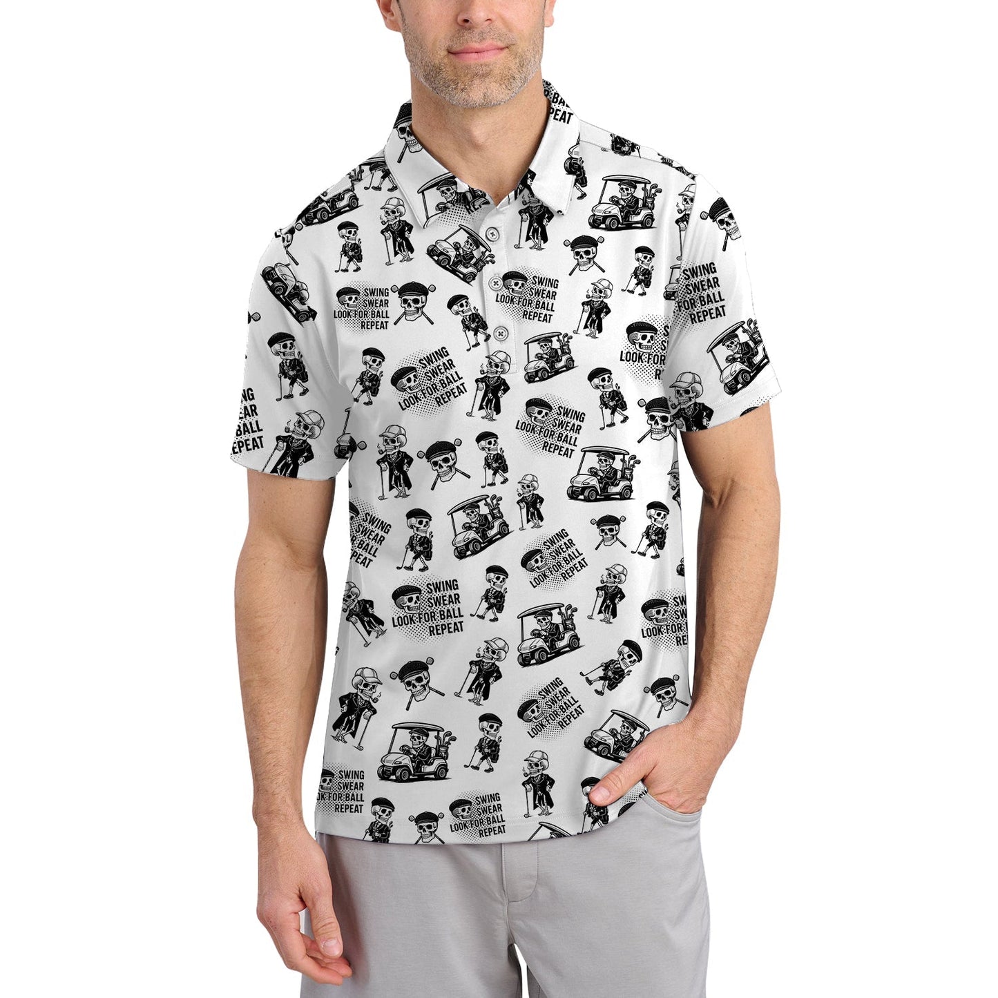 Funny Skull Golf Shirt For Men, Skeleton Golf Pattern Polos, Crazy Golf Shirts For Golfers