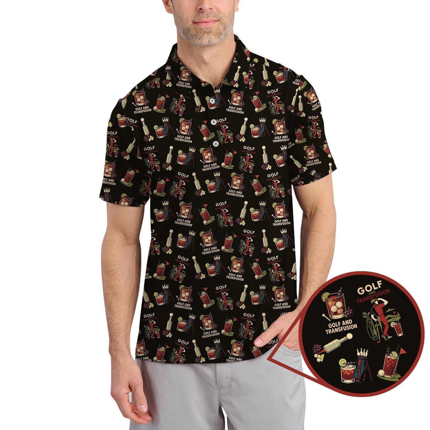 Golf And Transfusion Drink Pattern Polos, Transfusion Golf Shirt For Men, Funny Golf Shirts For Golfers