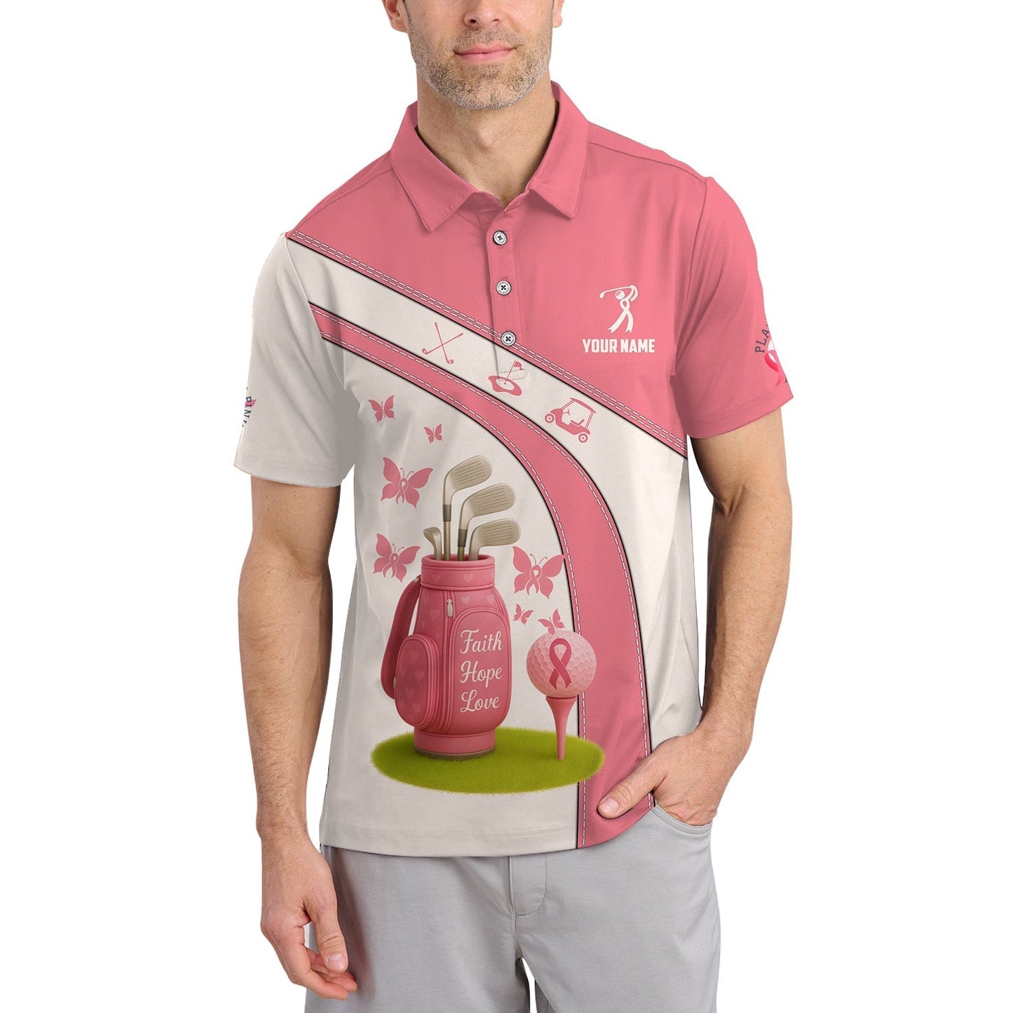 Personalized Breast Cancer Golf Shirt, Pink Golf Shirt, Golf Gift For Golfer, Custom Name Golf Shirt