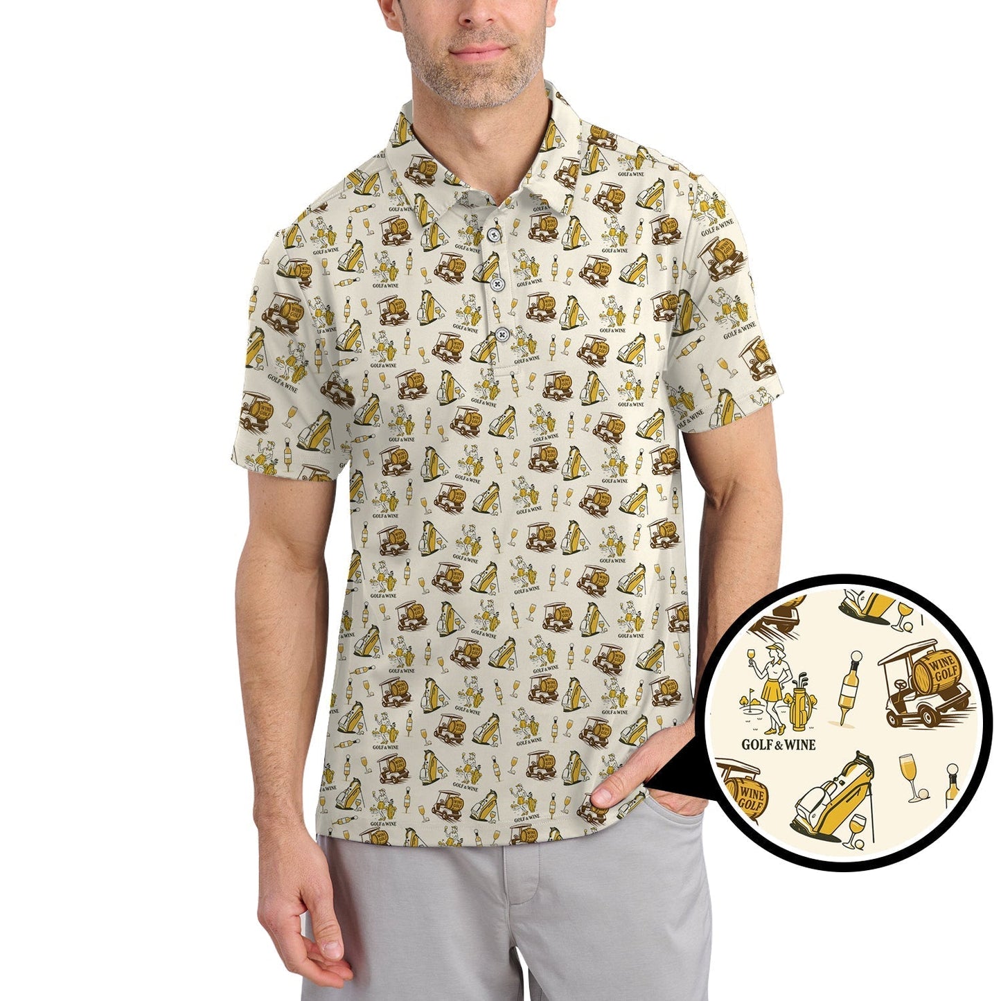 Yellow Golf Polos For Women, Funny Golf & Wine Shirts, Pattern Ladies Golf Shirt For Wine Lovers