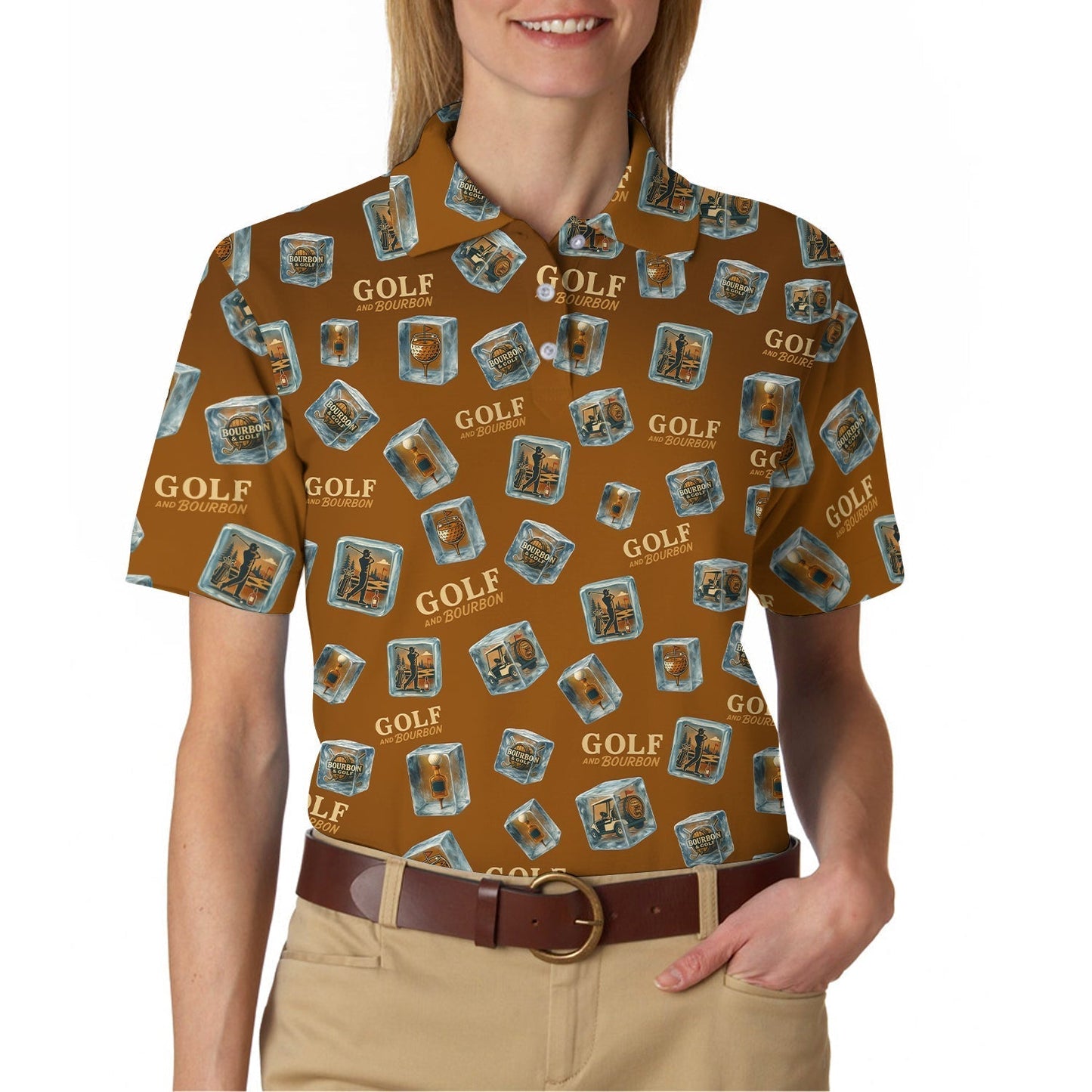 Funny Golf And Bourbon Polos, Brown Golf Shirt with Whiskey Ice Cube For Men, Pattern Crazy Golf Shirts For Golfers