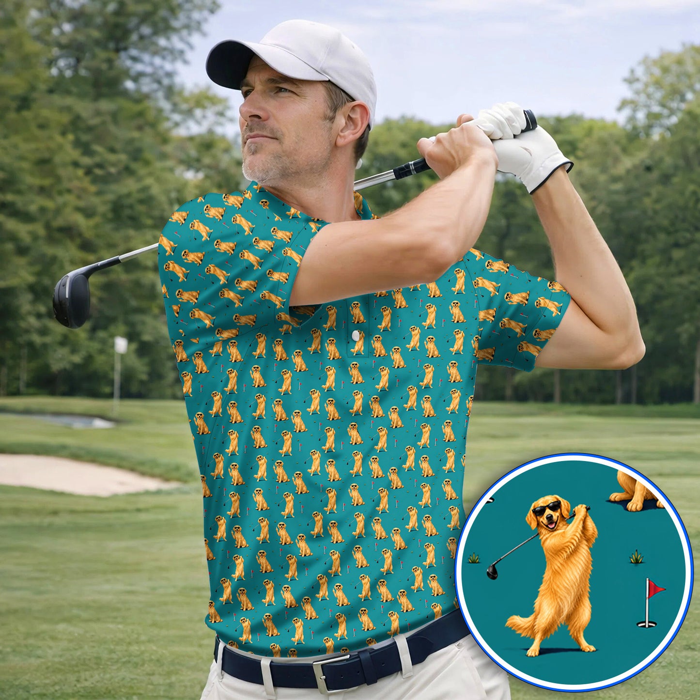 Golden Retriever Fairway Golf Shirt, Golf Dog Pattern Polos, Gift For Golden Retriever Owners