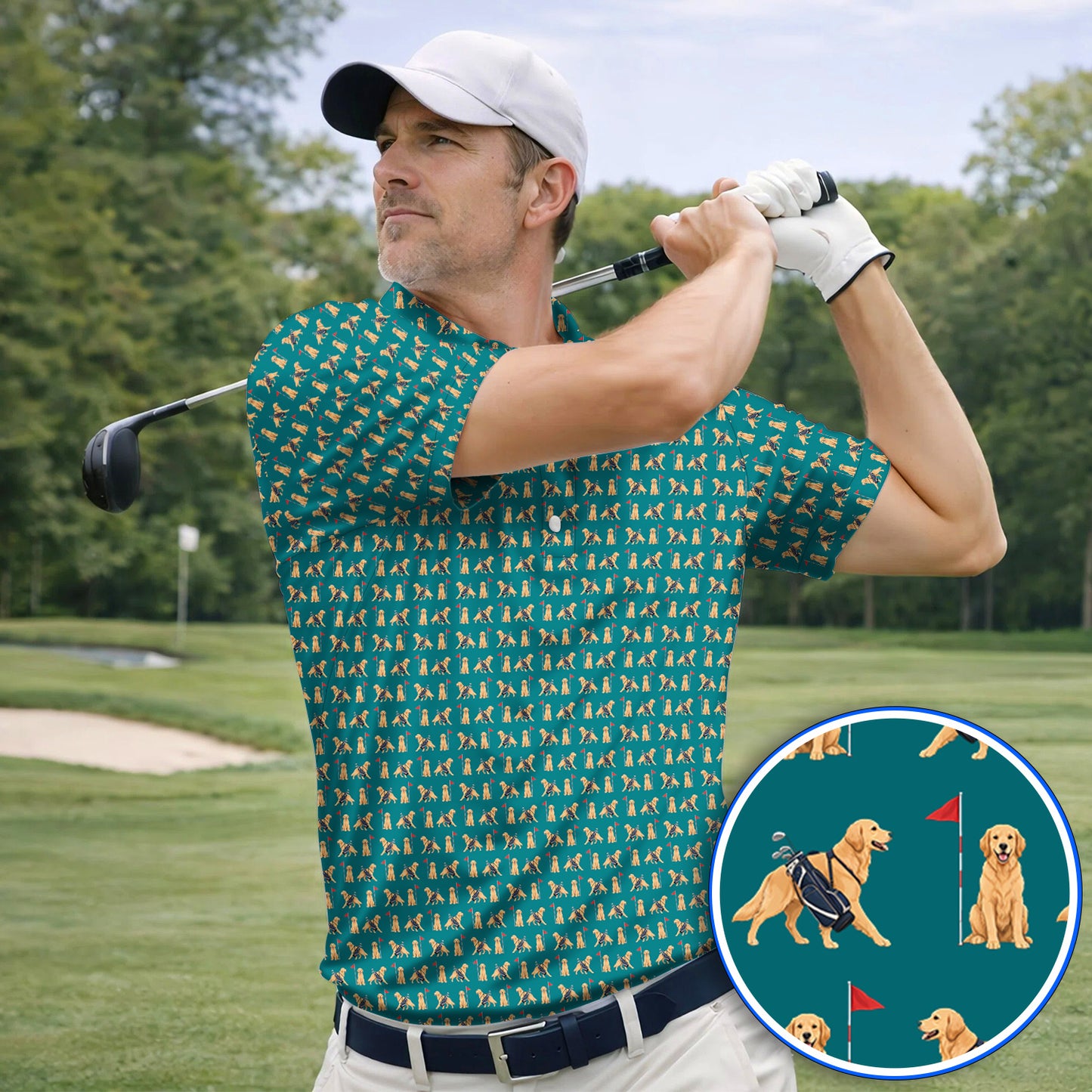 Funny Golden Retriever Golf Shirt, Golden Retriever Pattern Golf Polos, Dog Lover Golf Shirt
