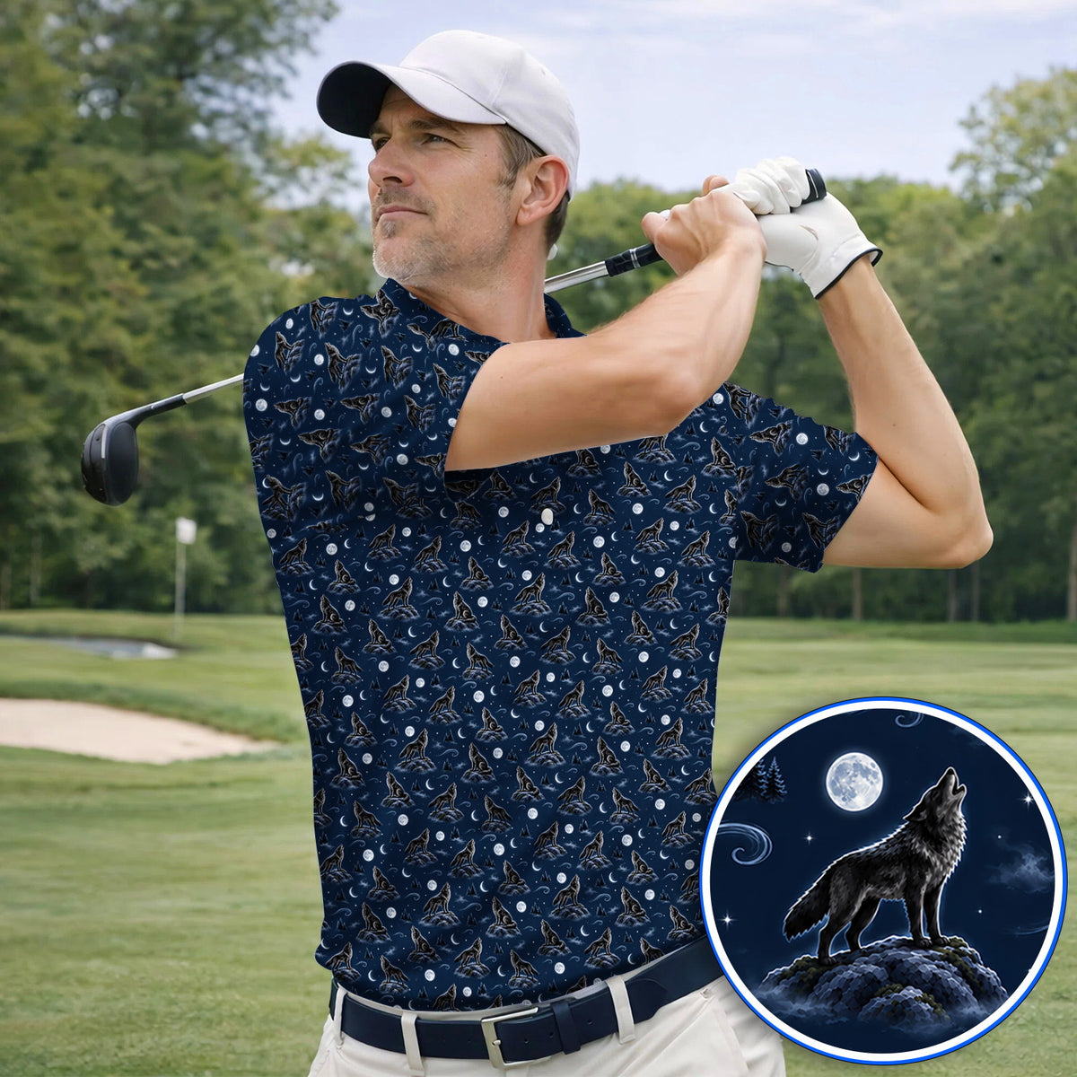 Howling Wolf Golf Polos, Moonlight Wolf Pattern Golf Shirt, Crazy Golf Gift for Golfer