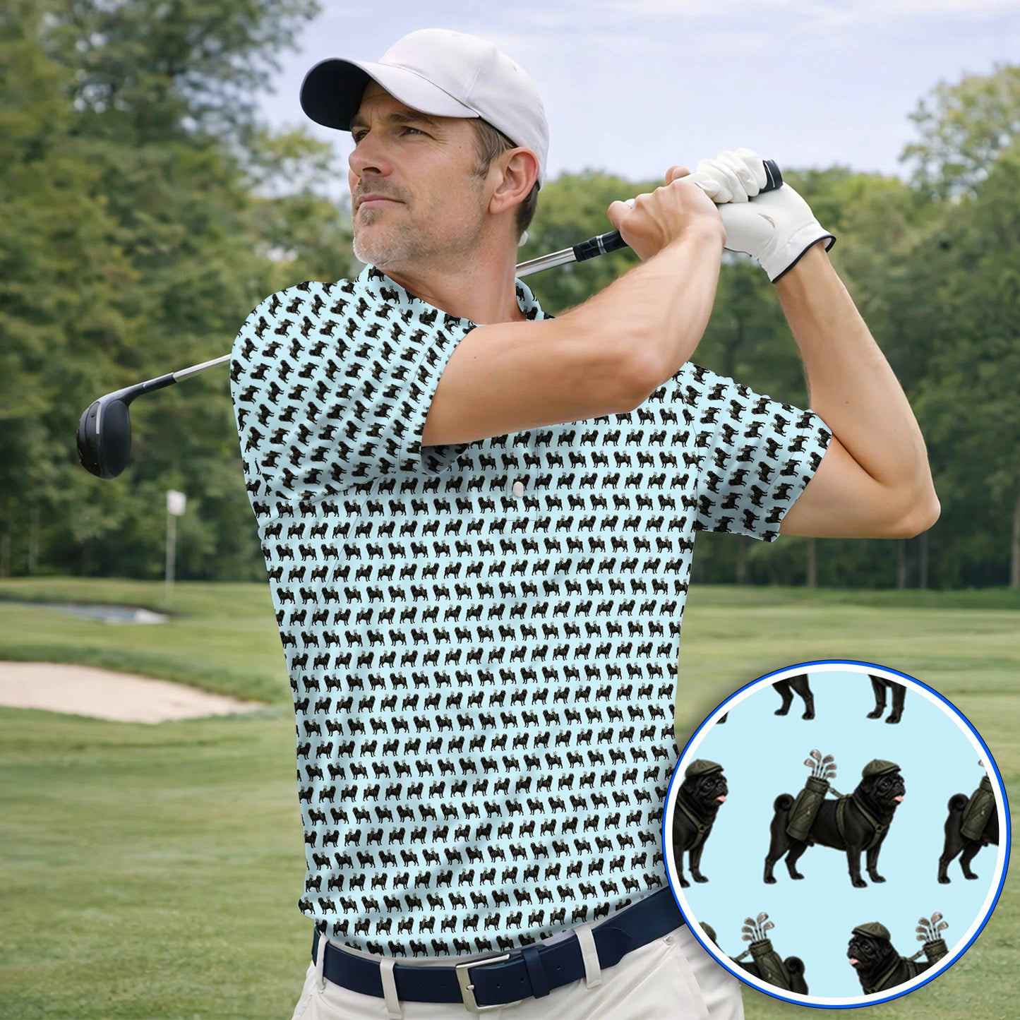 Black Pug Pattern Golf Polos, Funny Pug Golf Shirt, Golf Gift For Golfer