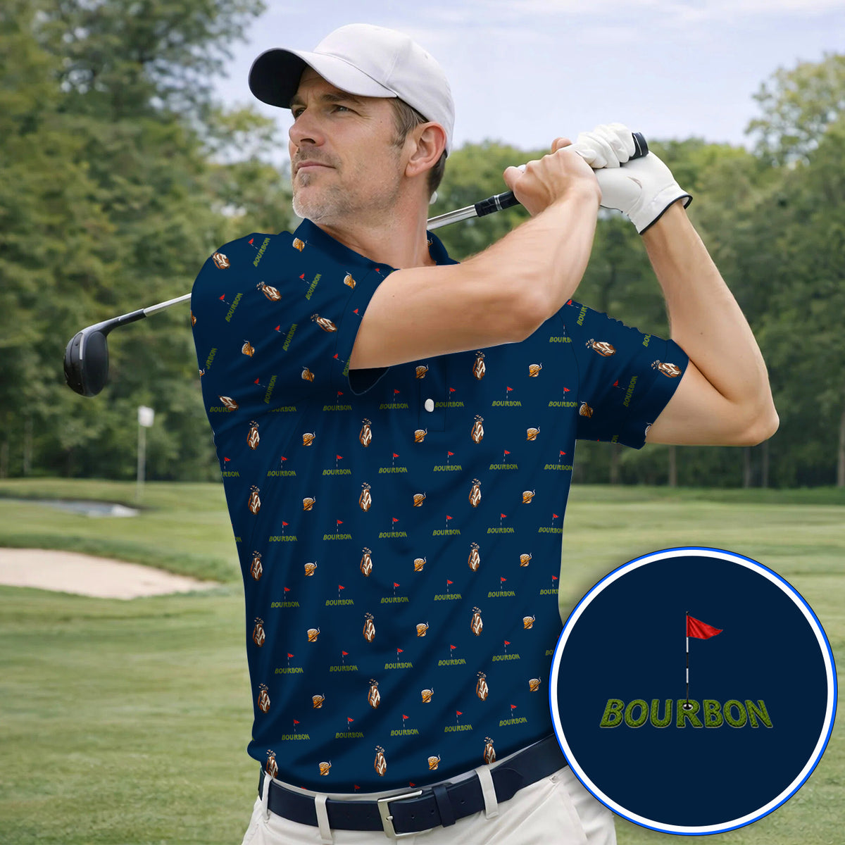 Bourbon & Cigar Golf Shirt, Whiskey Golf Pattern Polos, Funny Bourbon Gift For Golfers