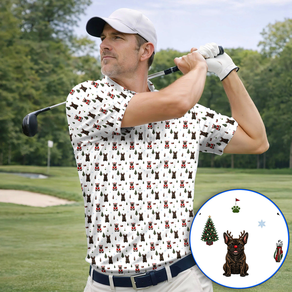 Reindeer French Bulldog Christmas Golf Polos, Festive Dog Holiday Pattern Golf Shirt, Xmas Golf Gift for Golfers