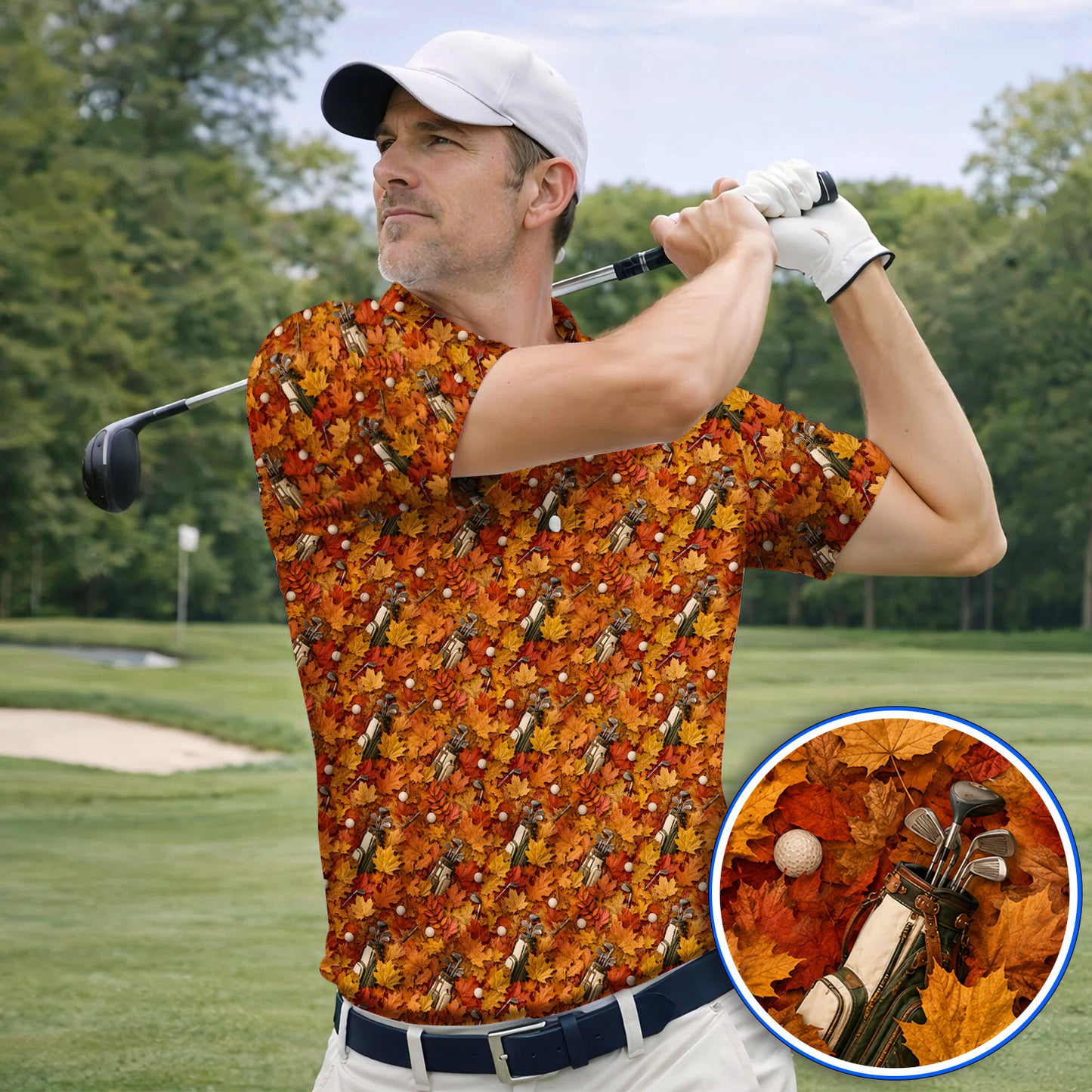 Autumn Golf Polos, Fall Leaves Pattern Golf Shirt, Maple Leaf Golf For Golfer