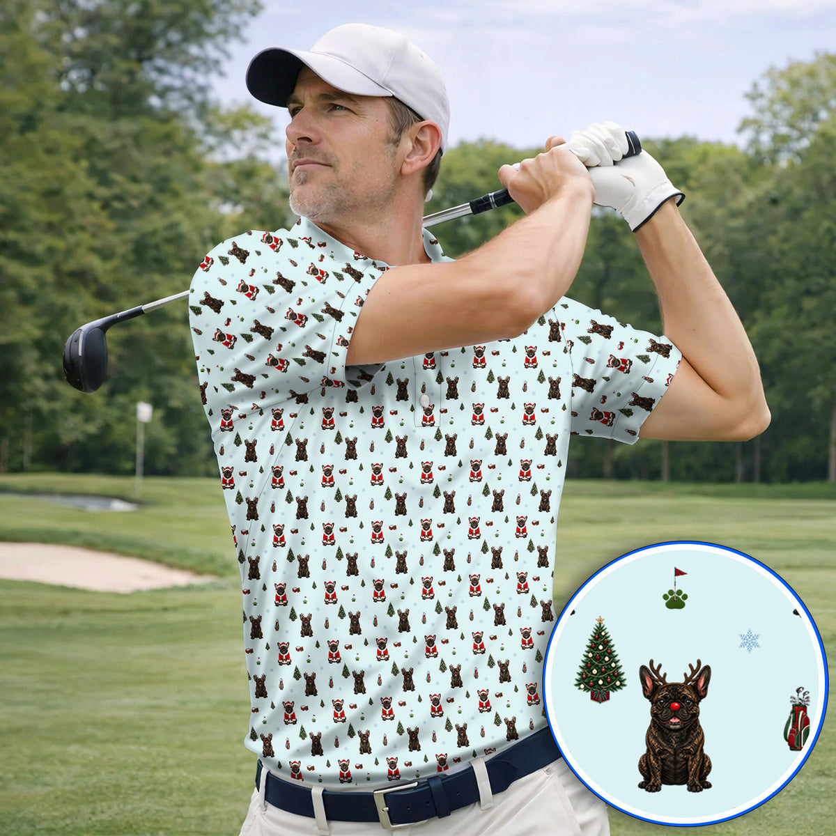 Reindeer French Bulldog Christmas Golf Polos, Festive Dog Holiday Pattern Golf Shirt, Xmas Golf Gift for Golfers