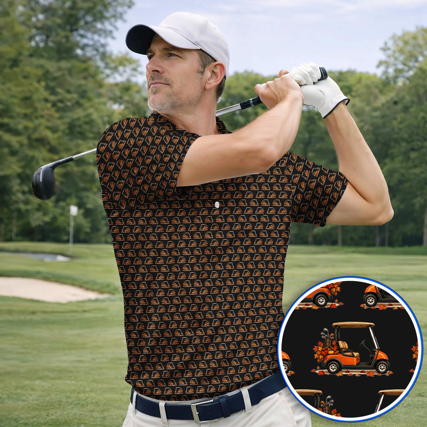 Fall Pattern Golf Shirt, Autumn Golf Cart Polos, Funny Golf Gift For Golfer