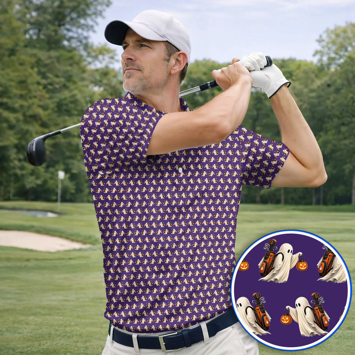 Halloween Golf Polos, Ghost Pattern Golf Shirt, Spooky Golf Gift for Golf Lovers