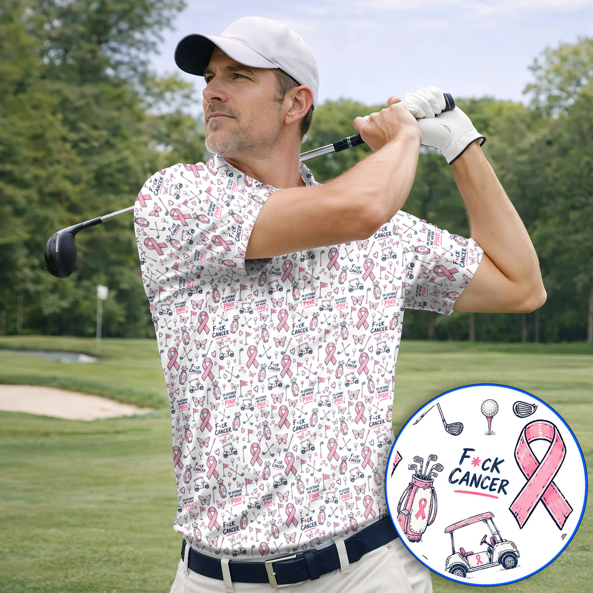 Fight Cancer Golf Shirt, Pink Ribbon Golf Cart Pattern Polos, Breast Cancer Awareness Gift for Golfers