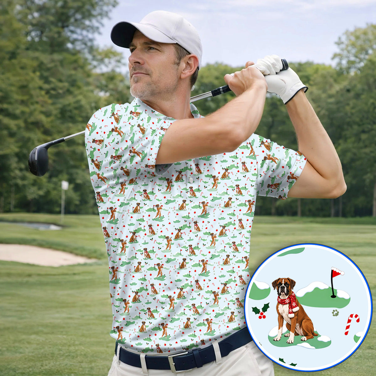 Funny Boxer Christmas Golf Shirt, Xmas Boxer Dog Pattern Golf Polos, Golf Gift For Golfer