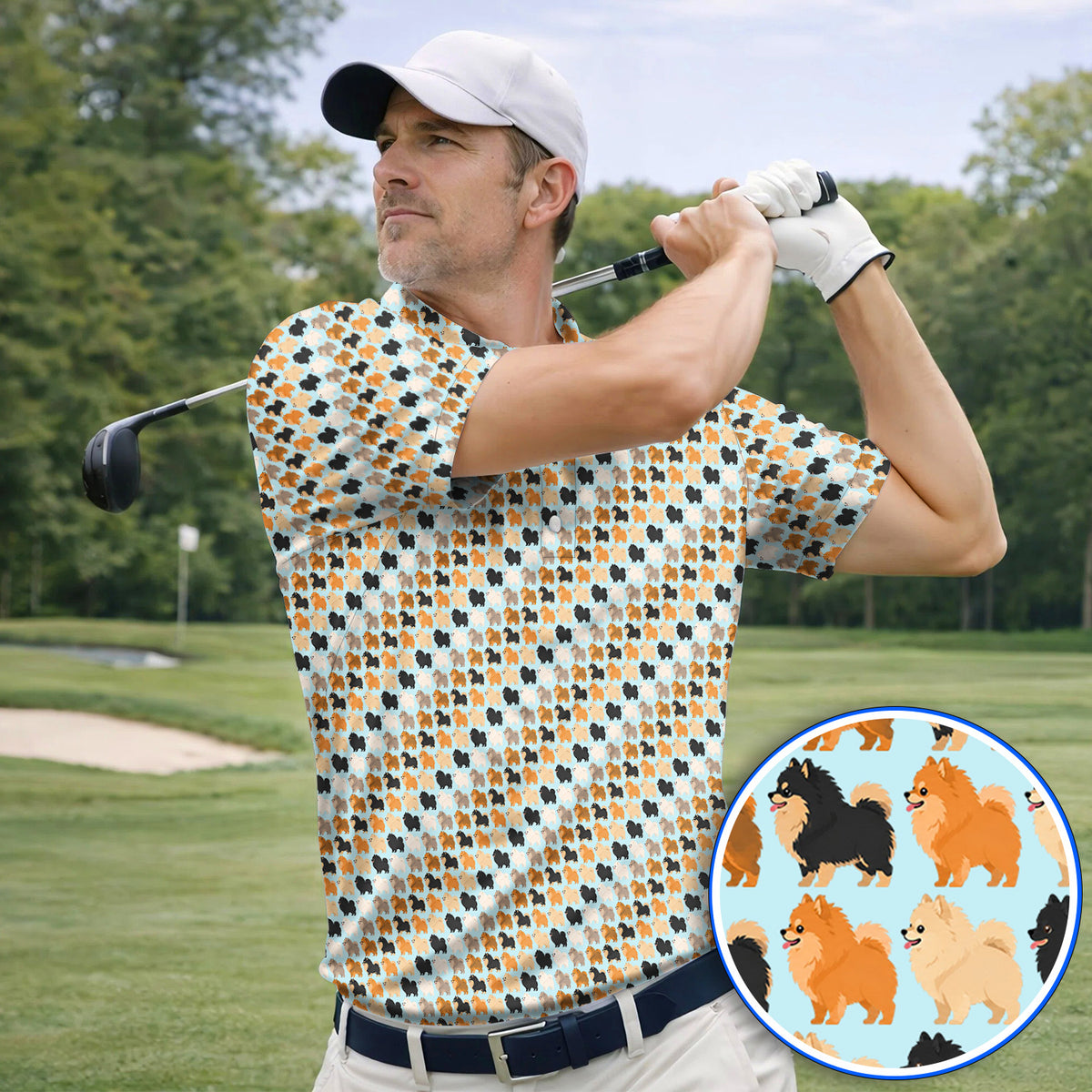 Cute Pomeranian Pattern Golf Shirt, Pomeranian Dog Golf Polos, Funny Golf Gift For Golfer