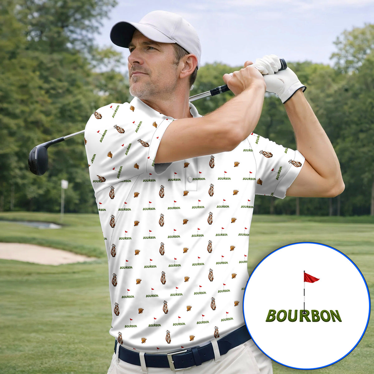 Bourbon & Cigar Golf Shirt, Whiskey Golf Pattern Polos, Funny Bourbon Gift For Golfers
