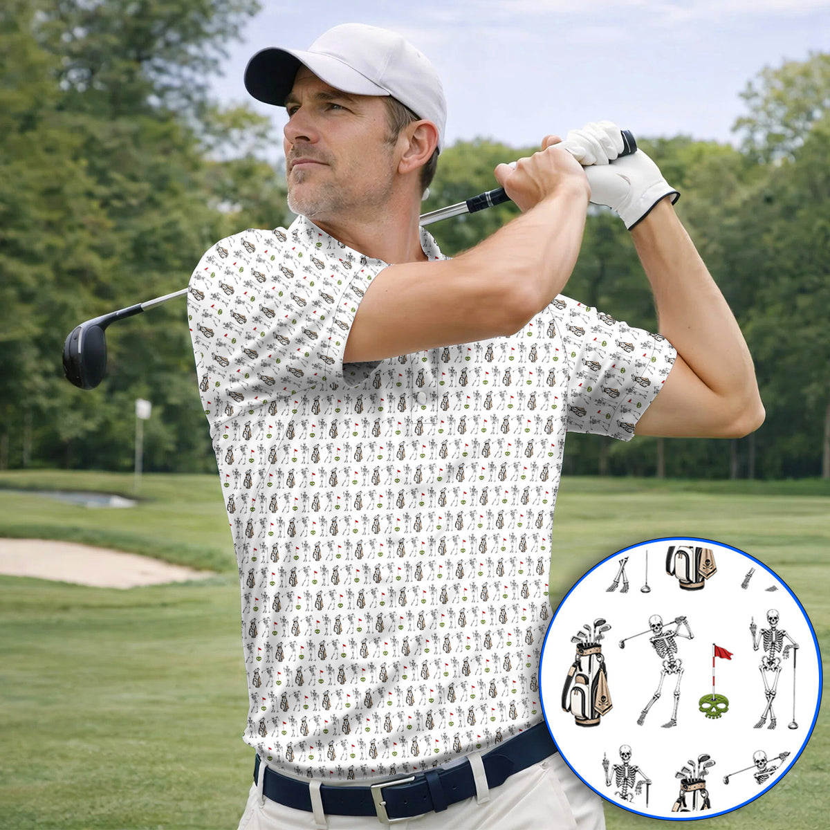 Skeleton Pattern Golf Polos, Funny Skeleton Golf Shirt, Golf Gift For Golfer
