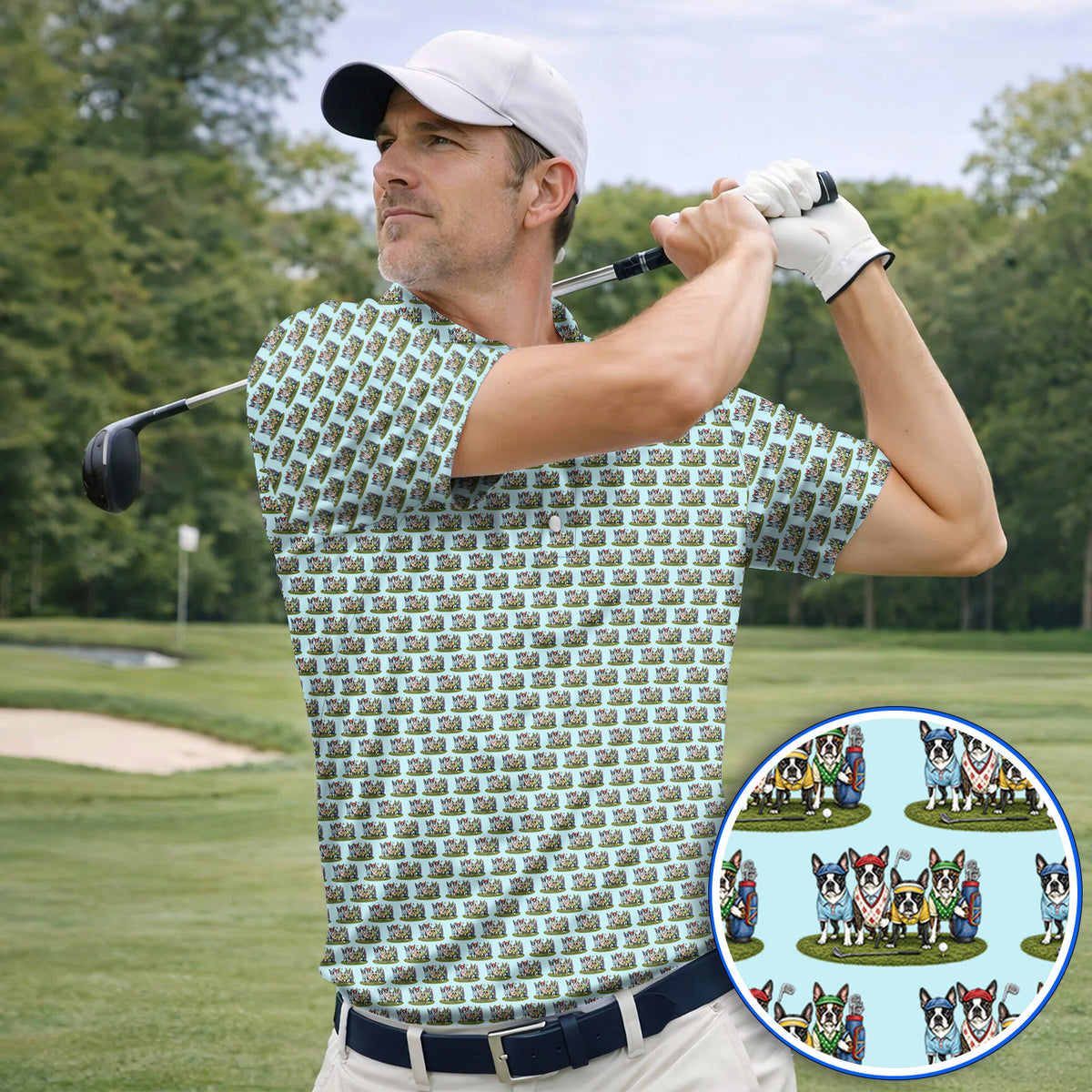Boston Terrier Golf Pattern Polos, Funny Golfing Boston Terrier Shirt, Dog Lover Golf Gift