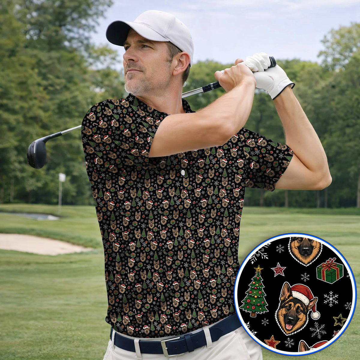 Funny German Shepherd Christmas Golf Shirt, German Shepherd Pattern Golf Polos, Xmas Golf Gift For Golfer