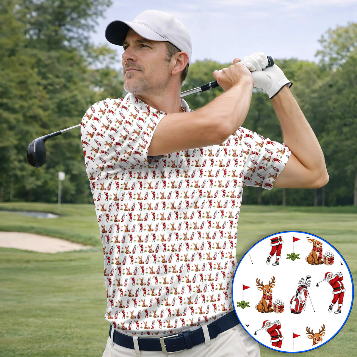 Christmas Golf Pattern Polos, Santa Reindeer Golf Shirt, Xmas Gift For Golfers