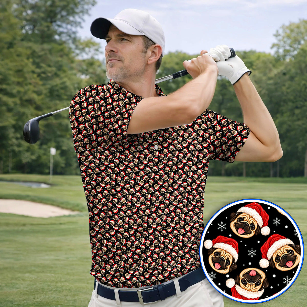 Funny Christmas Pug Golf Polos, Pug Pattern Golf Shirt For Dog Lovers, Xmas Golf Gift For Golfers