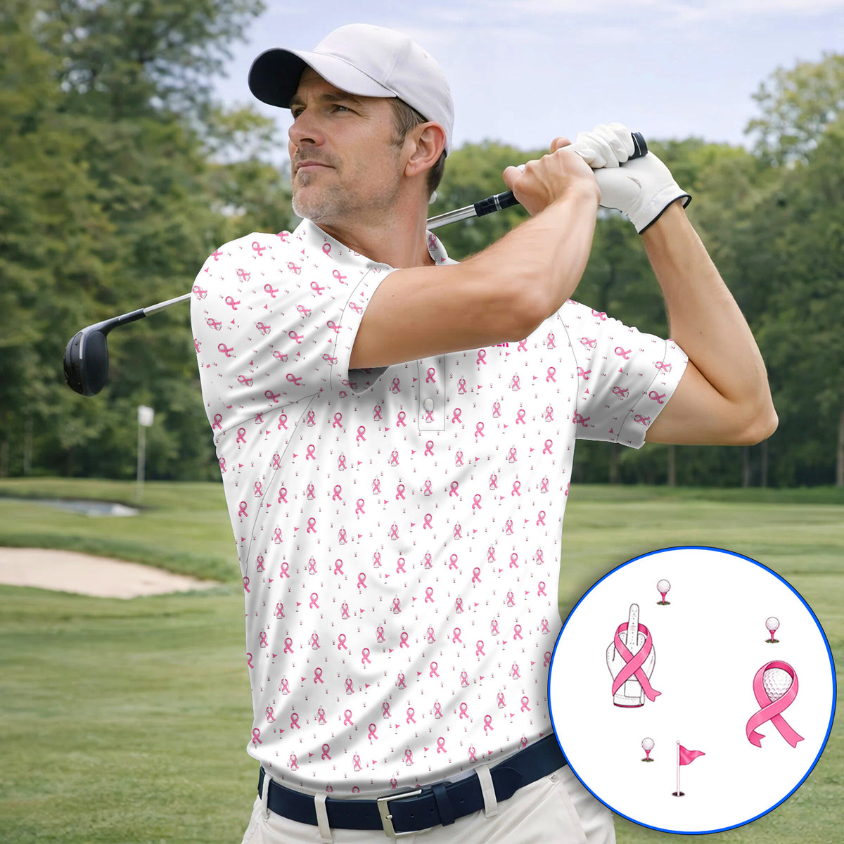 Pink Ribbon Golf Polos, Breast Cancer Awareness Pattern Golf Shirt, Supportive Golfer Gift for Golfer